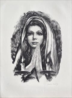 BLESSINGS Signed Lithograph, B+W Realist Portrait, Woman Praying Near Candles