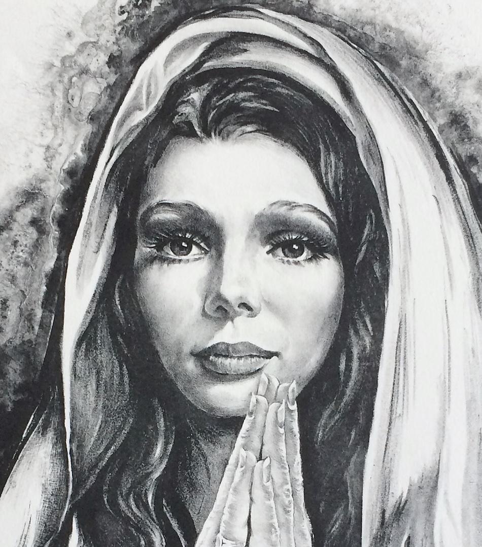 BLESSINGS Litografia firmata, ritratto realista, giovane donna in preghiera, candele - Interior Print Grigio di Vladimir Dashevsky