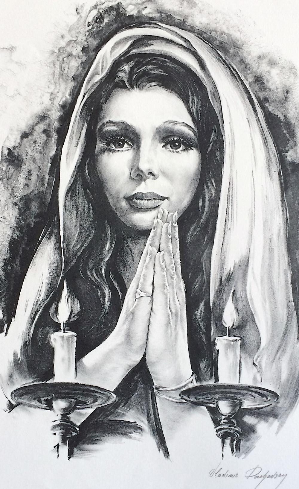 BLESSINGS Litografia firmata, ritratto realista, giovane donna in preghiera, candele - Print Contemporaneo di Vladimir Dashevsky