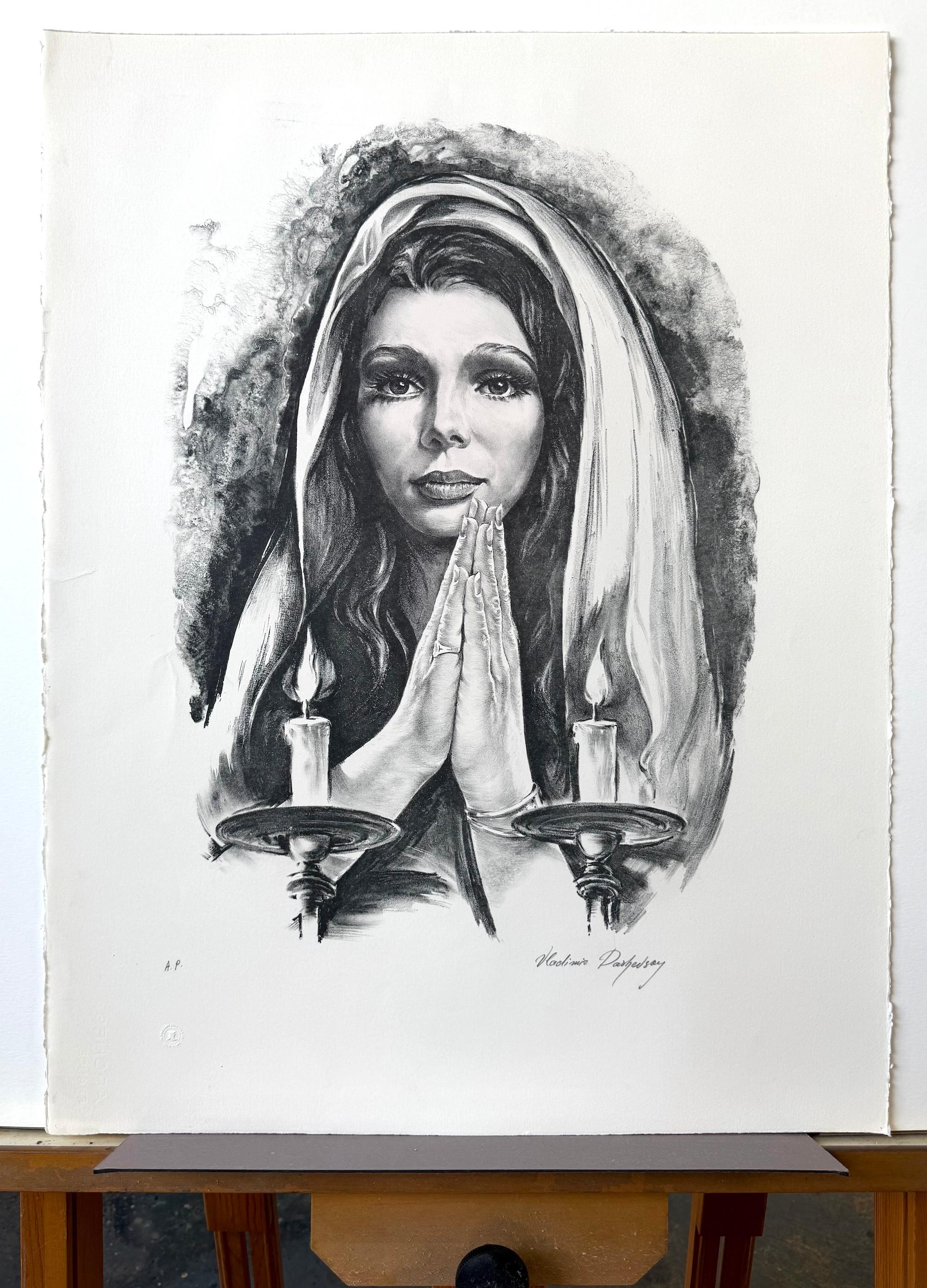 BLESSINGS Signed Lithograph, Realist Portrait, Young Woman Praying, Candles - Print by Vladimir Dashevsky