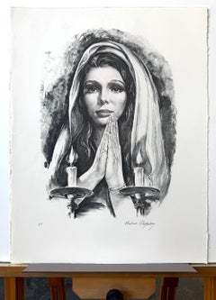 BLESSINGS Signed Lithograph, Realist Portrait, Young Woman Praying, Candles