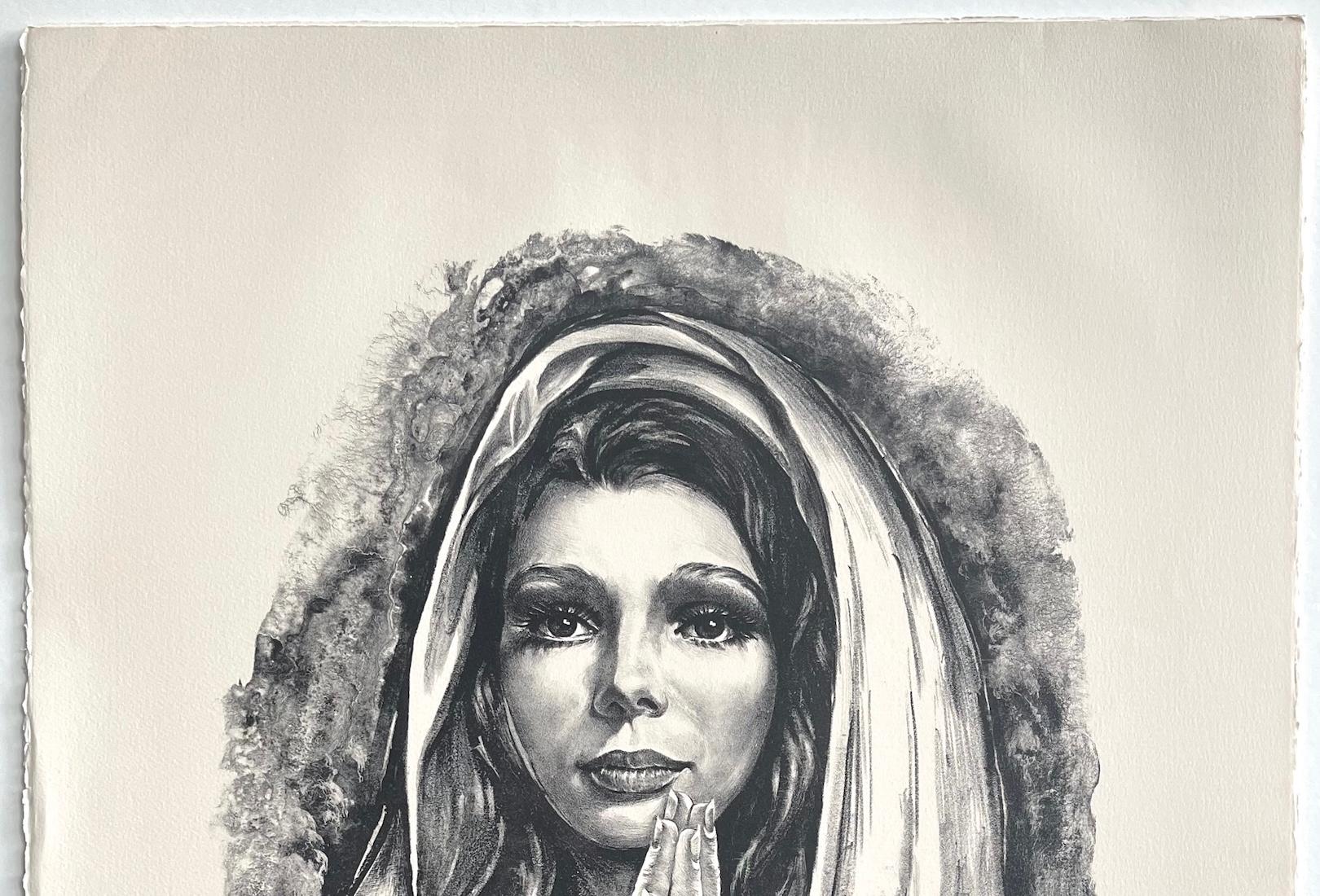 BLESSINGS Signed Lithograph, Realist Portrait, Young Woman Praying, Candles - Gray Interior Print by Vladimir Dashevsky