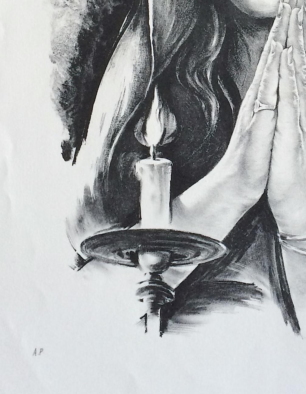 BLESSINGS Litografia firmata, ritratto realista, giovane donna in preghiera, candele in vendita 1