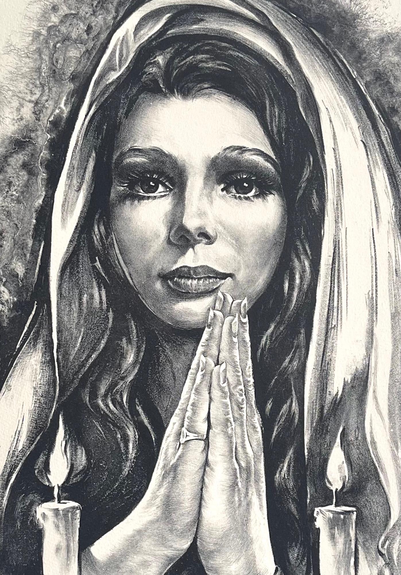 BLESSINGS Signed Lithograph, Realist Portrait, Young Woman Praying, Candles - Contemporary Print by Vladimir Dashevsky