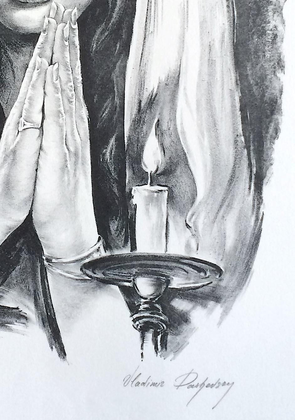 BLESSINGS Litografia firmata, ritratto realista, giovane donna in preghiera, candele in vendita 2
