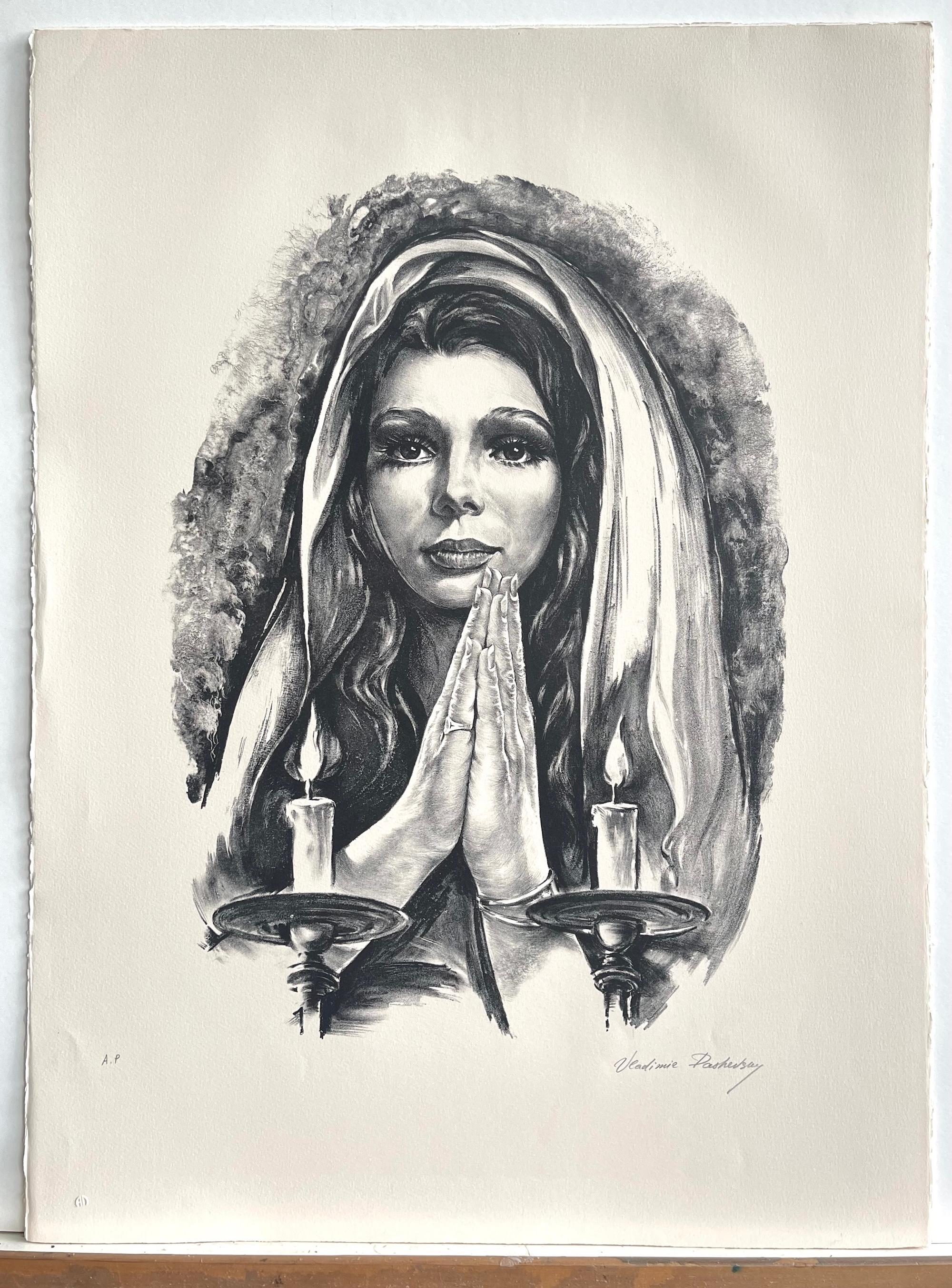 BLESSINGS Signed Lithograph, Realist Portrait, Young Woman Praying, Candles For Sale 1