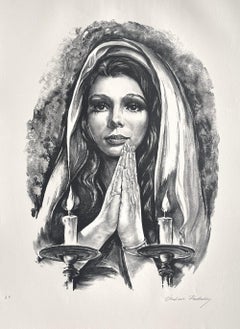BENDICIONES Litografía firmada, Retrato realista, Mujer joven rezando, Velas