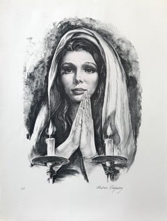 BLESSINGS Litografia firmata, ritratto realista, giovane donna in preghiera, candele