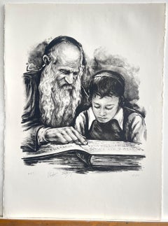 RABBI TEACHING Hand Drawn Lithograph, Signed, 1977, Portrait of Rabbi and Boy