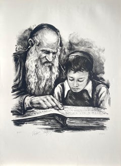 RABBI TEACHING Hand Drawn Lithograph, Signed, 1977, Portrait of Rabbi and Boy