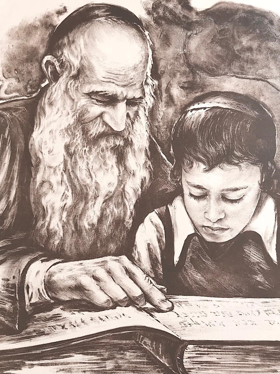 RABBI TEACHING Signed Lithograph, Rabbi and Young Boy, Jewish Art, Judaism - Print by Vladimir Dashevsky