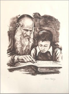 RABBI TEACHING Signed Lithograph, Rabbi and Young Boy, Jewish Art, Judaism