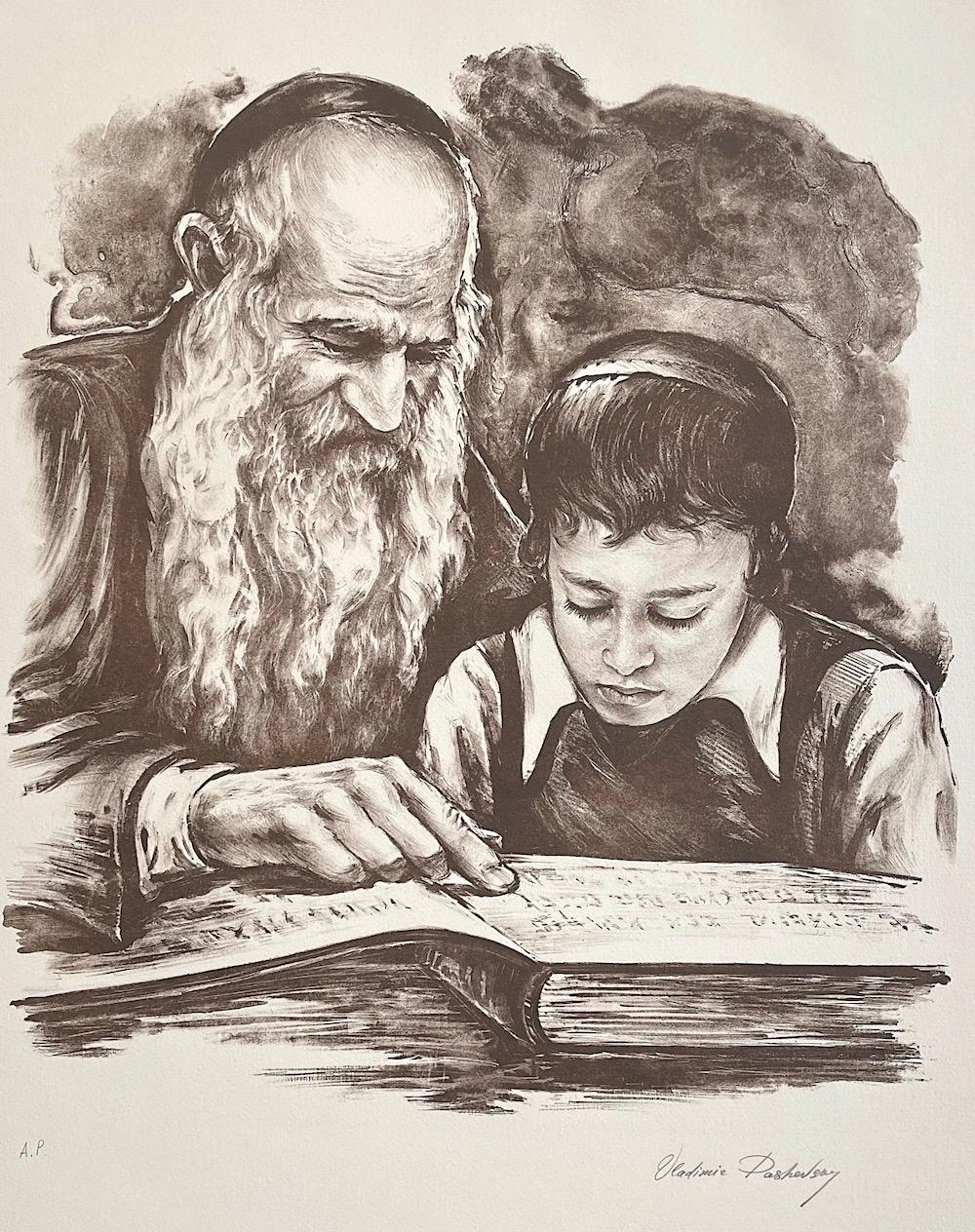 RABBI TEACHING Litografia firmata, Rabbino e giovane ragazzo, Arte ebraica, Ebraismo - Print di Vladimir Dashevsky