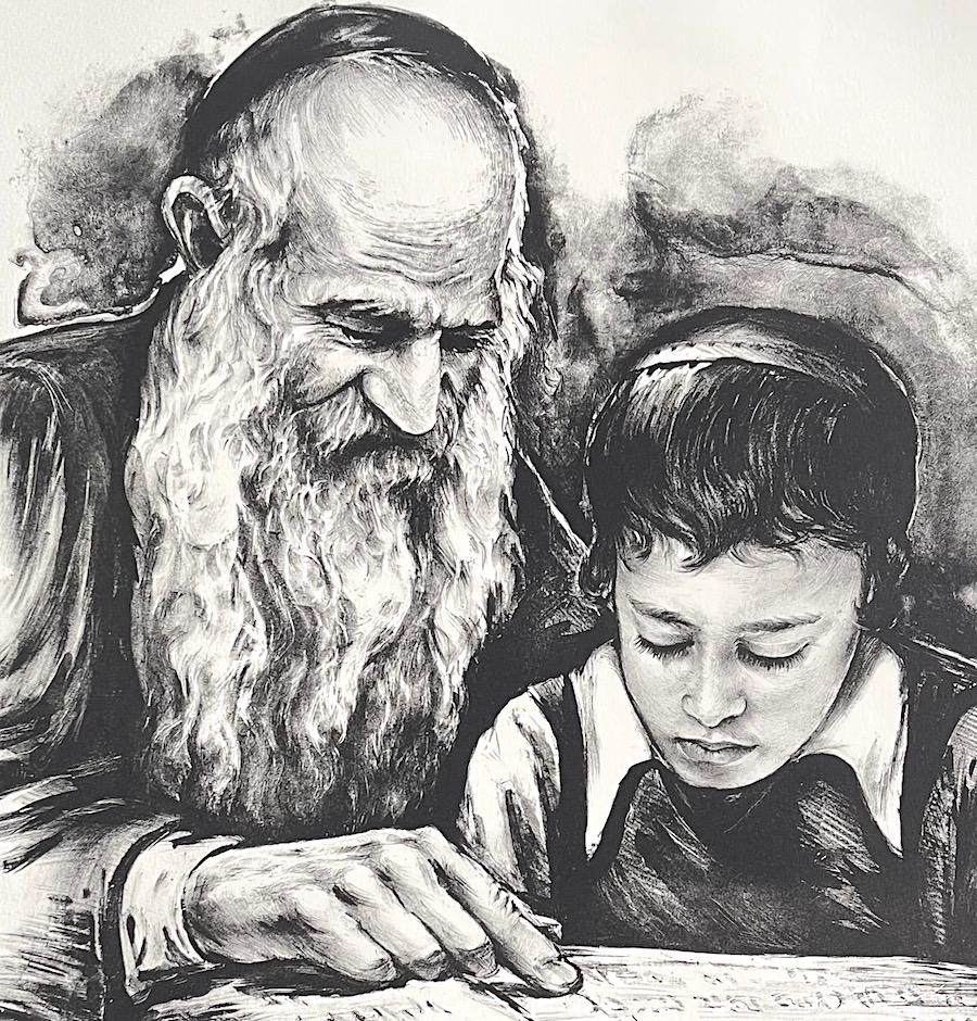 RABBI TEACHING Signierte Lithographie, Rabbiner und junger Junge, jüdische Kunst, Judaismus – Print von Vladimir Dashevsky