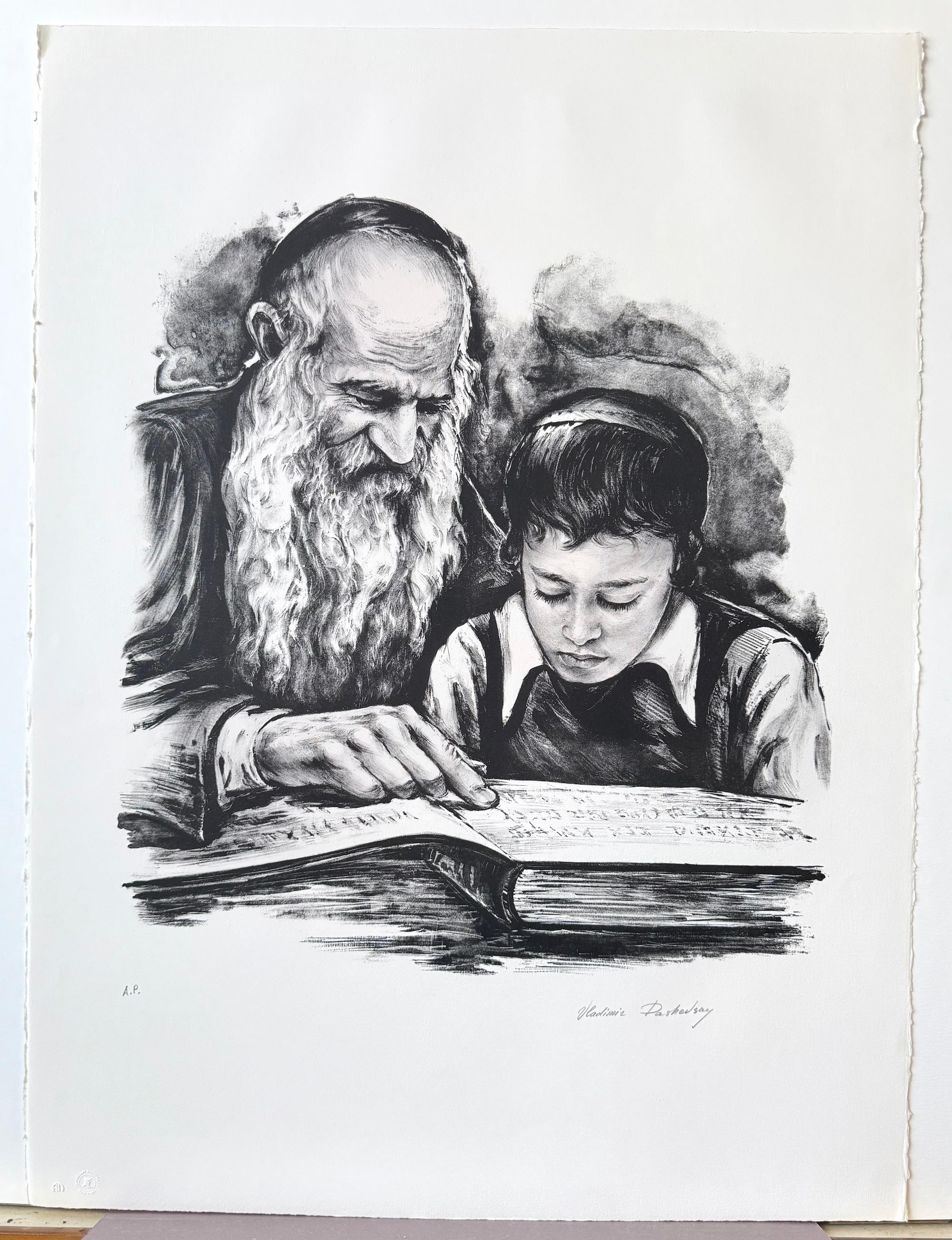 RABBI TEACHING Signierte Lithographie, Rabbiner und junger Junge, jüdische Kunst, Judaismus – Print von Vladimir Dashevsky