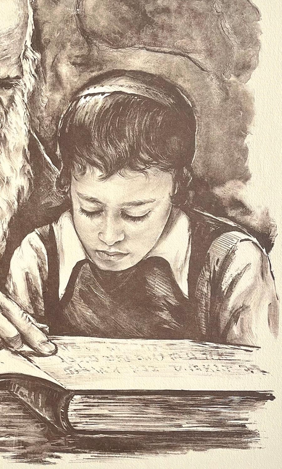 RABBI TEACHING Litografia firmata, Rabbino e giovane ragazzo, Arte ebraica, Ebraismo - Portrait Print Beige di Vladimir Dashevsky