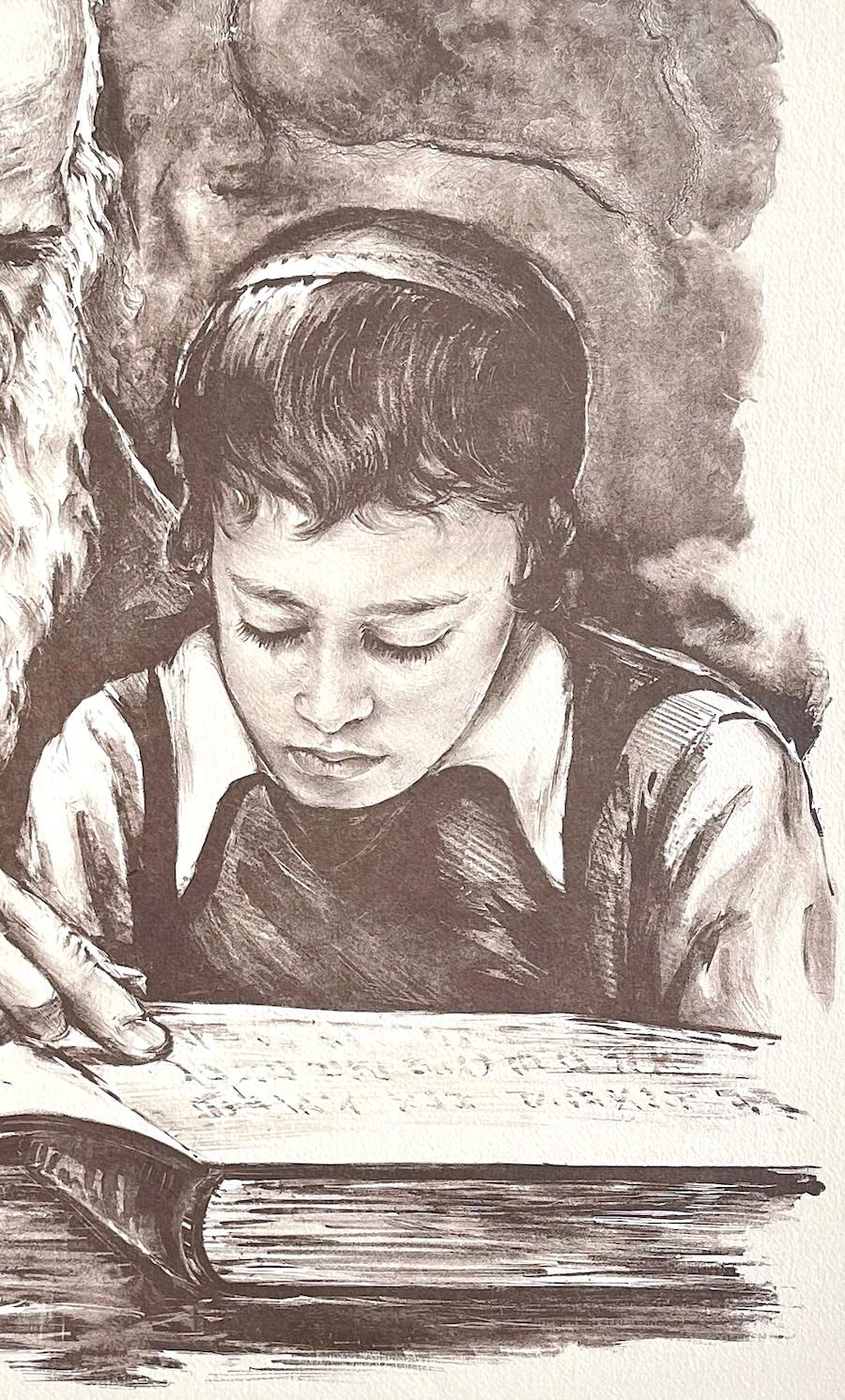 RABBI TEACHING Signierte Lithographie, Rabbiner und junger Junge, jüdische Kunst, Judaismus (Beige), Portrait Print, von Vladimir Dashevsky