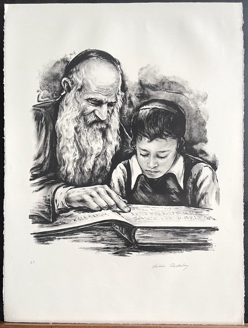 RABBI TEACHING is an original hand drawn, limited edition lithograph printed in black ink on archival Arches printmaking paper 100% acid free from a hand drawn lithography stone using traditional hand lithography techniques, not a photo reproduction