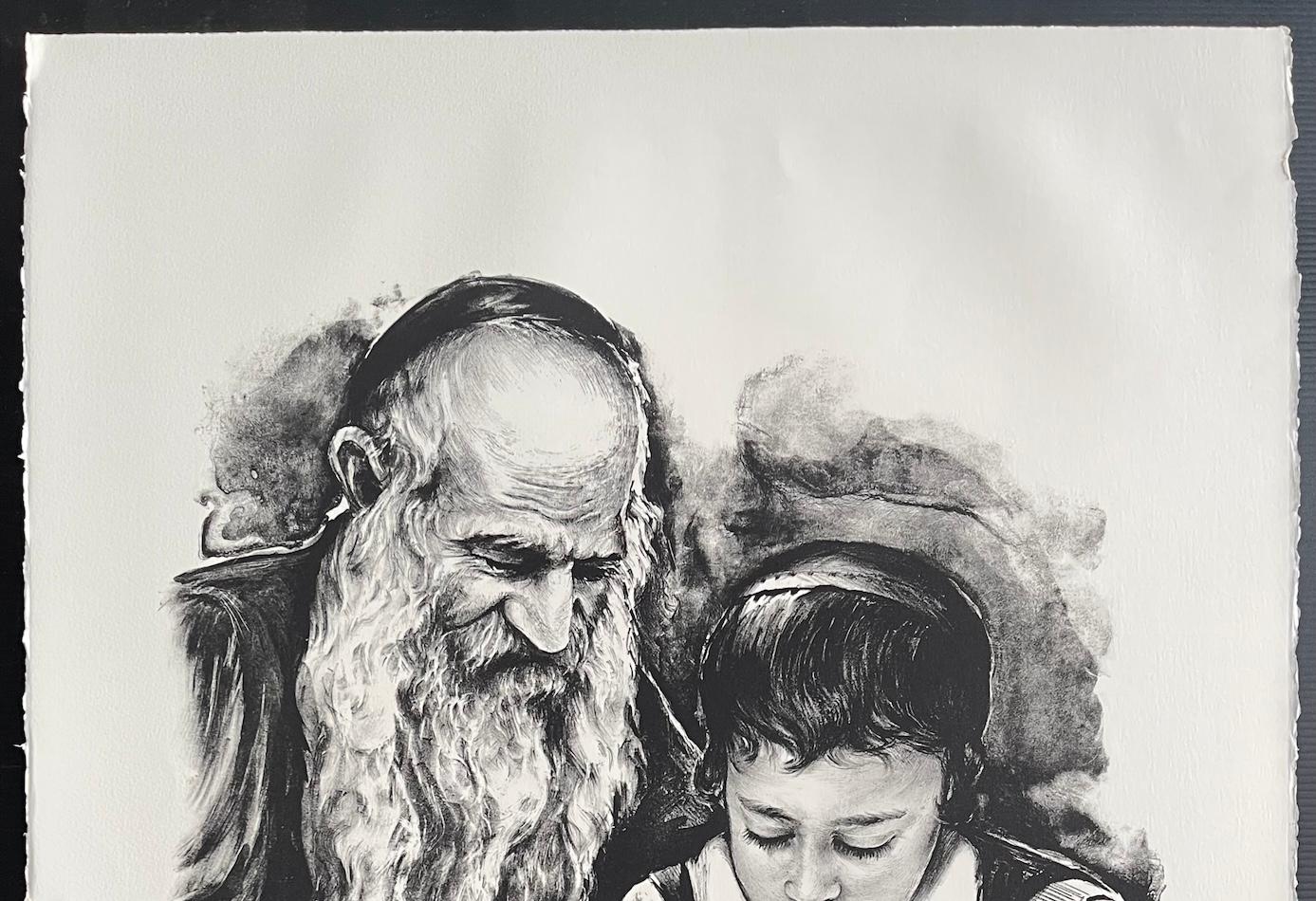 RABBI ENSEÑANDO Litografía firmada, Rabino y joven, Arte judío, Judaísmo en venta 2