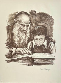 RABBI TEACHING Litografia firmata, Rabbino e giovane ragazzo, Arte ebraica, Ebraismo