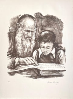 RABBI TEACHING Signed Lithograph, Rabbi and Young Boy, Jewish Art, Judaism