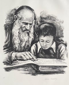 RABBI TEACHING Signierte Lithographie, Rabbiner und junger Junge, jüdische Kunst, Judaismus