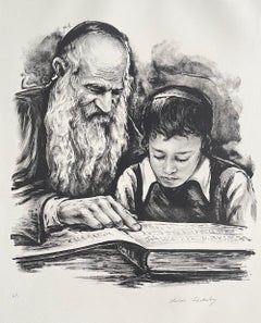 RABBI TEACHING Signed Lithograph, Rabbi and Young Boy, Jewish Art, Judaism