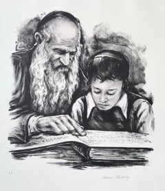 RABBI TEACHING Litografia firmata, Rabbino e giovane ragazzo, Arte ebraica, Ebraismo