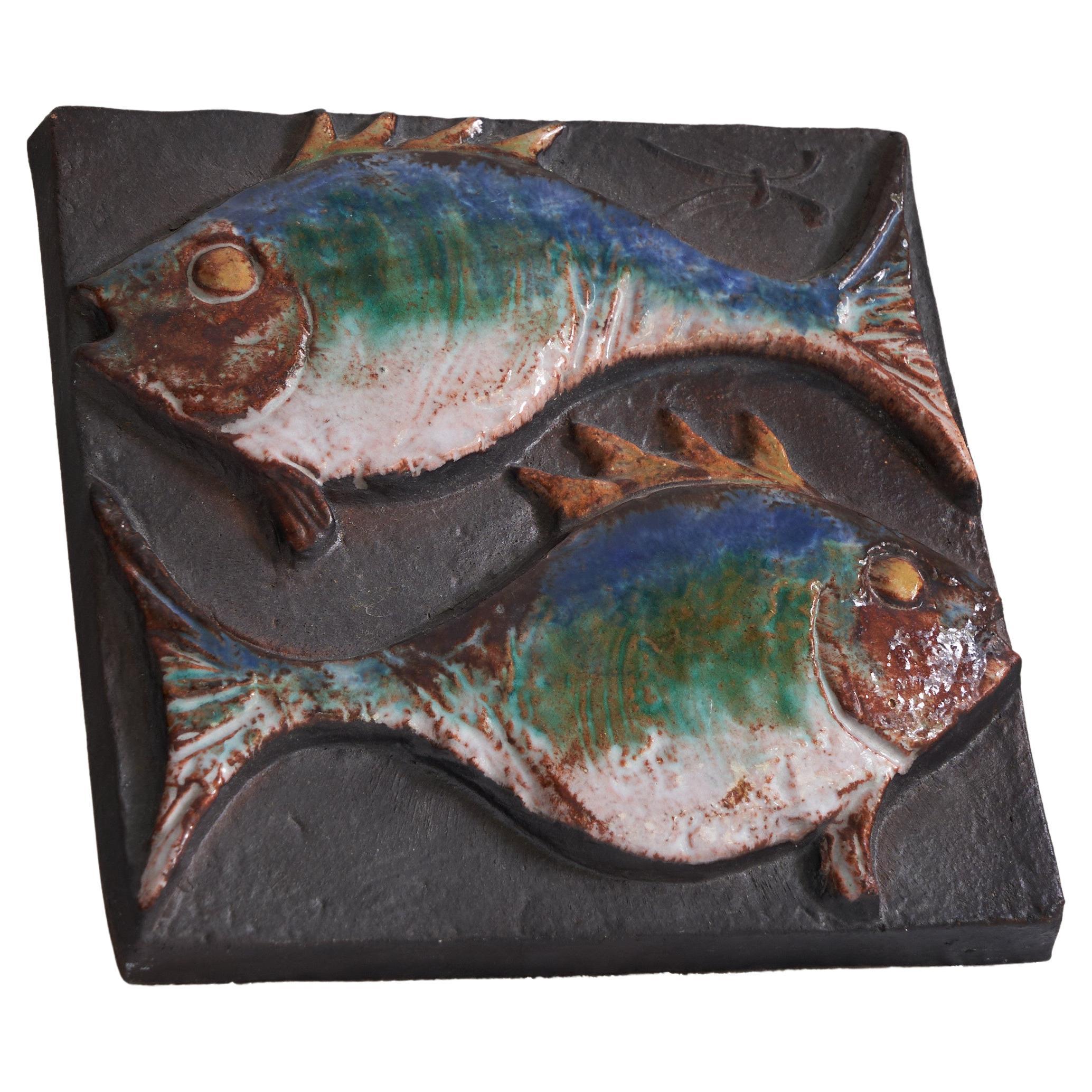 Vladimr David pour Jihokera Bechyn Zodiac Studio Pottery Tile Fish / Pisces en vente