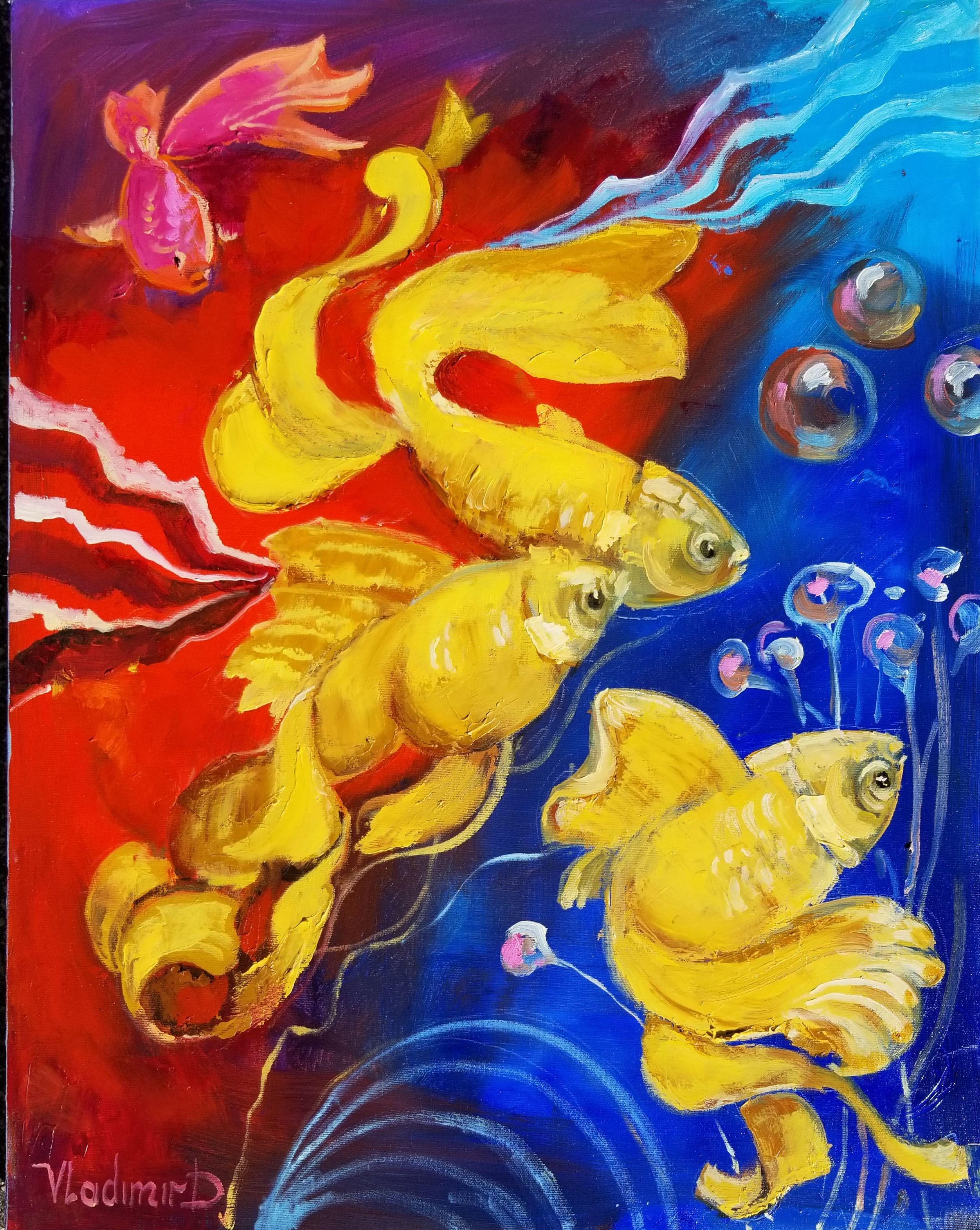 original contemporary oil painting on canvas of golden fish palette knife technique, expressionism style.  This unique technique using a  palette knife creates a one of a kind painting providing great dimensions and depth that truly bring original