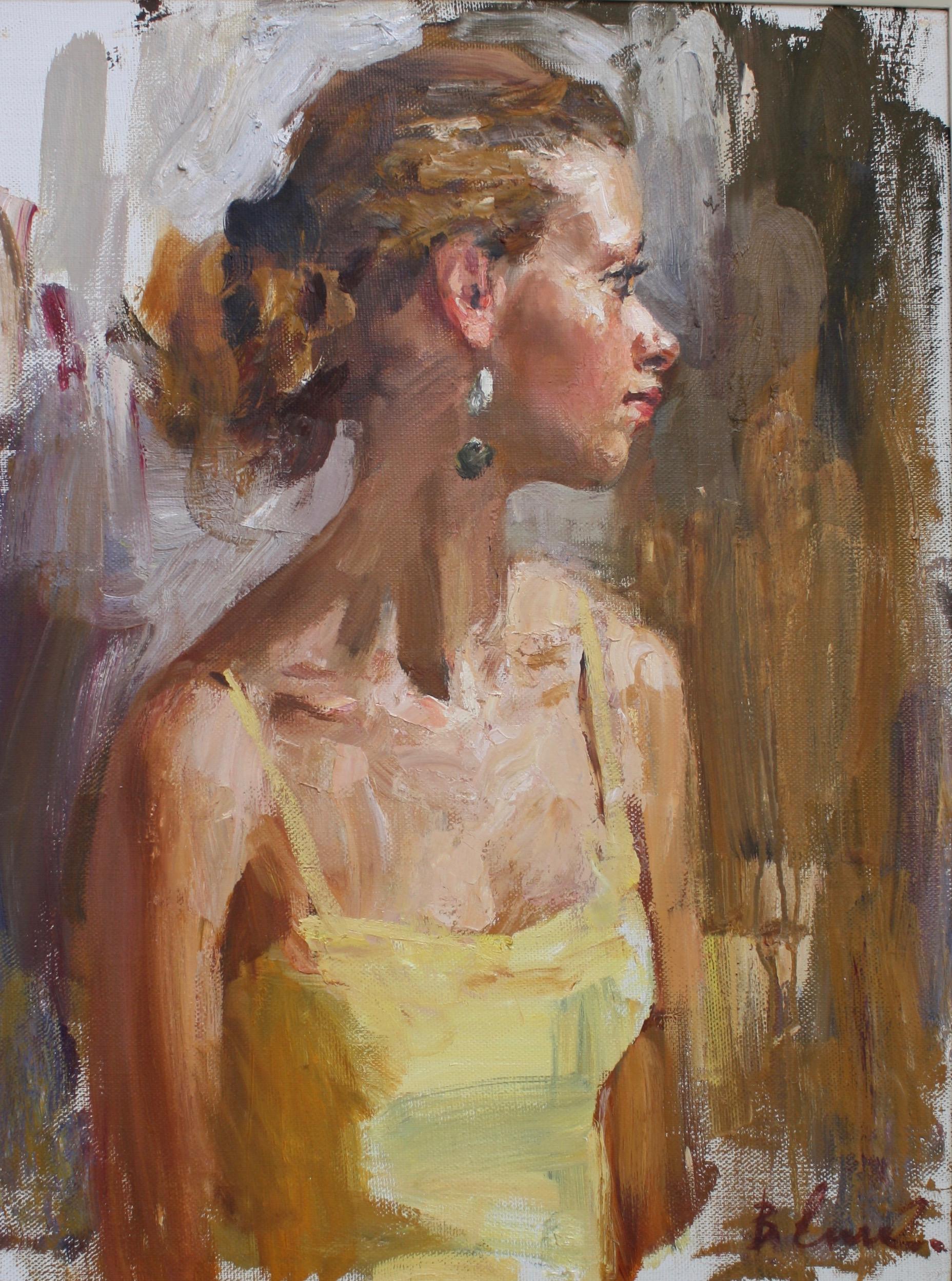 PORTRAIT OF A GIRL IN A YELLOW DRESS..Vladimir Ezhakov contemporary Russian 