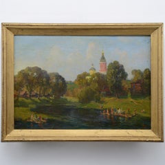 20th C Russian Realism Summer Landscape Bathers Oil Canvas Signed Fedulov Framed