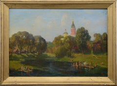 20th C Russian Realism Summer Landscape Bathers Oil Canvas Signed Fedulov Framed