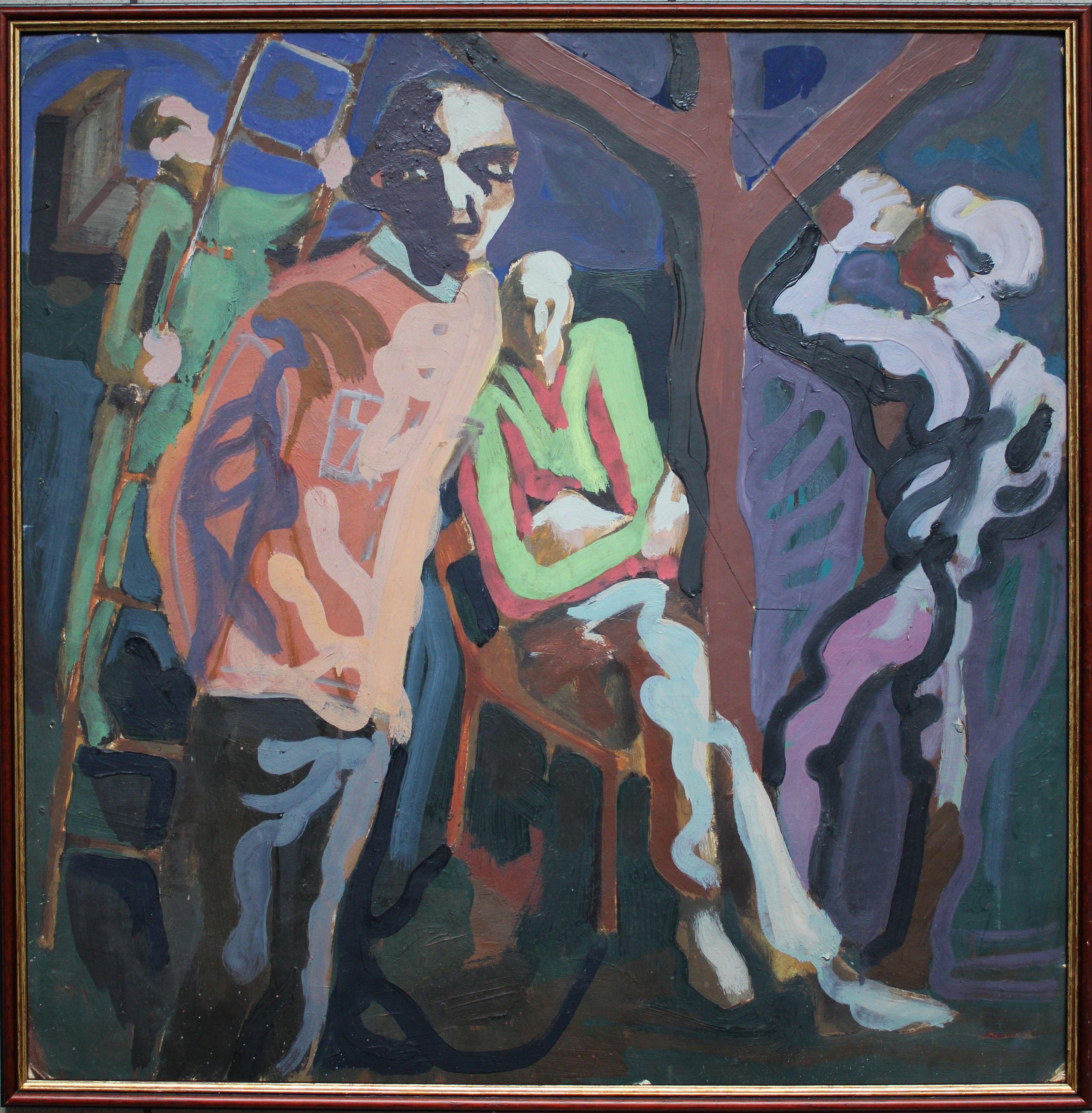 In the garden. 1970s Cardboard, tempera, 59x59 cm - Painting by Vladimir Glushenkov 