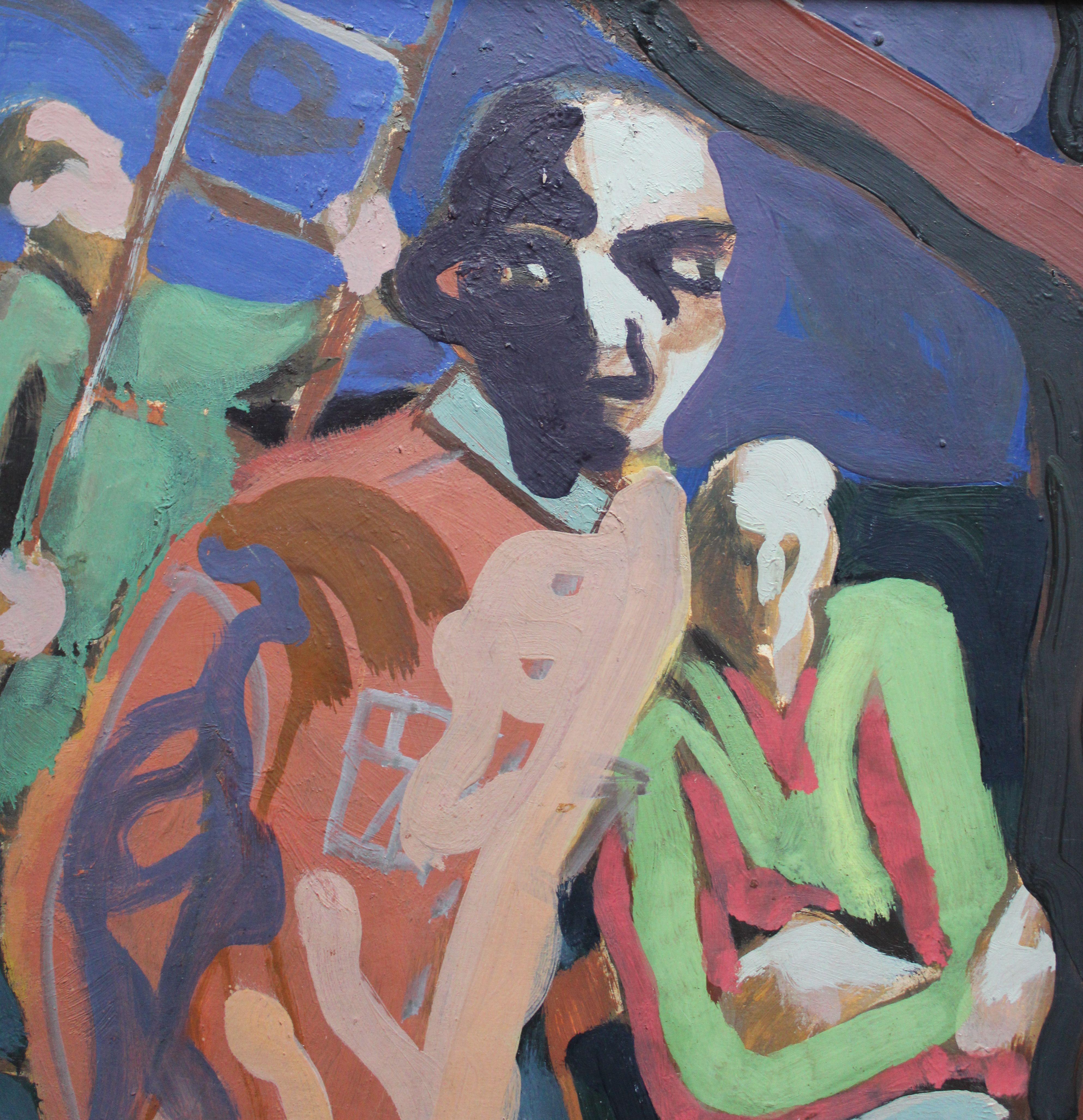 In the garden. 1970s Cardboard, tempera, 59x59 cm - Gray Figurative Painting by Vladimir Glushenkov 