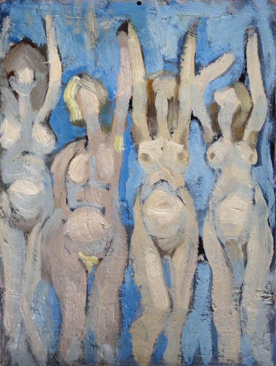 Dans l'œuvre/Four figures. Double face, carton, tempera, 56 x 47 cm - Painting de Vladimir Glushenkov 