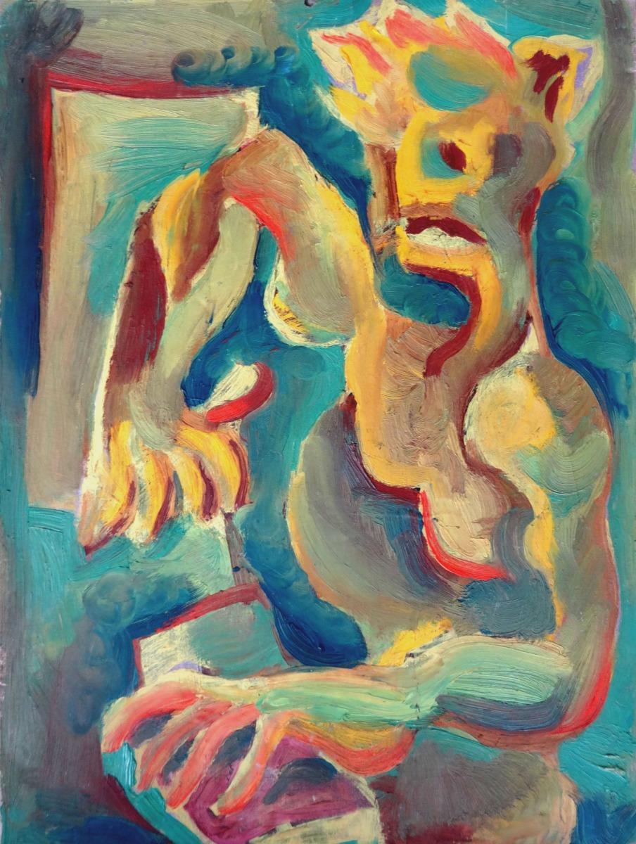 Vladimir Glushenkov  Figurative Painting - In work/Four figures. Double-sided, cardboard, tempera, 56x47 cm