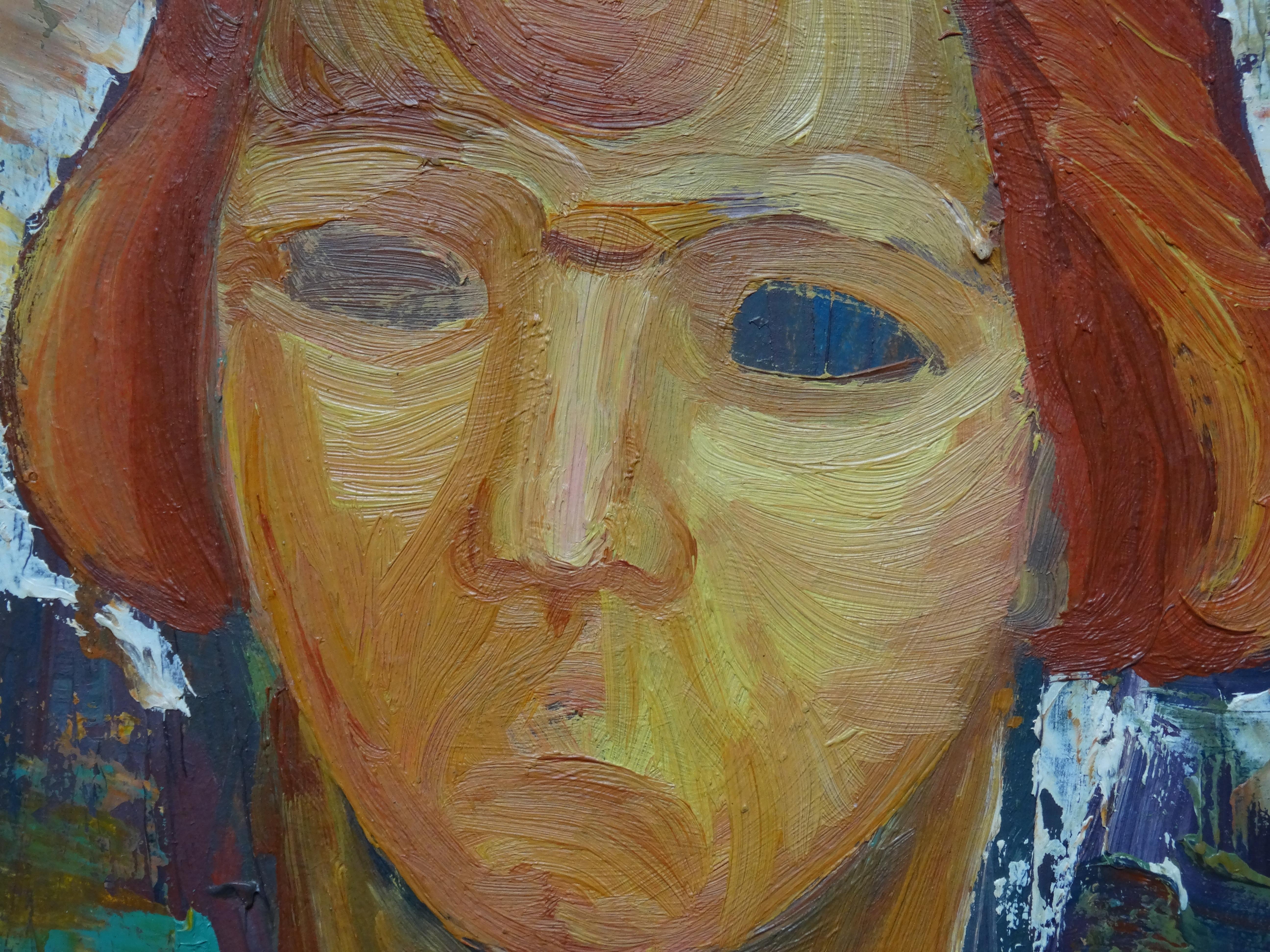 Le soleil est en vedette. Portrait. 1973. Cardboard, huile, 83,8 x 46,5 cm - Painting de Vladimir Glushenkov 