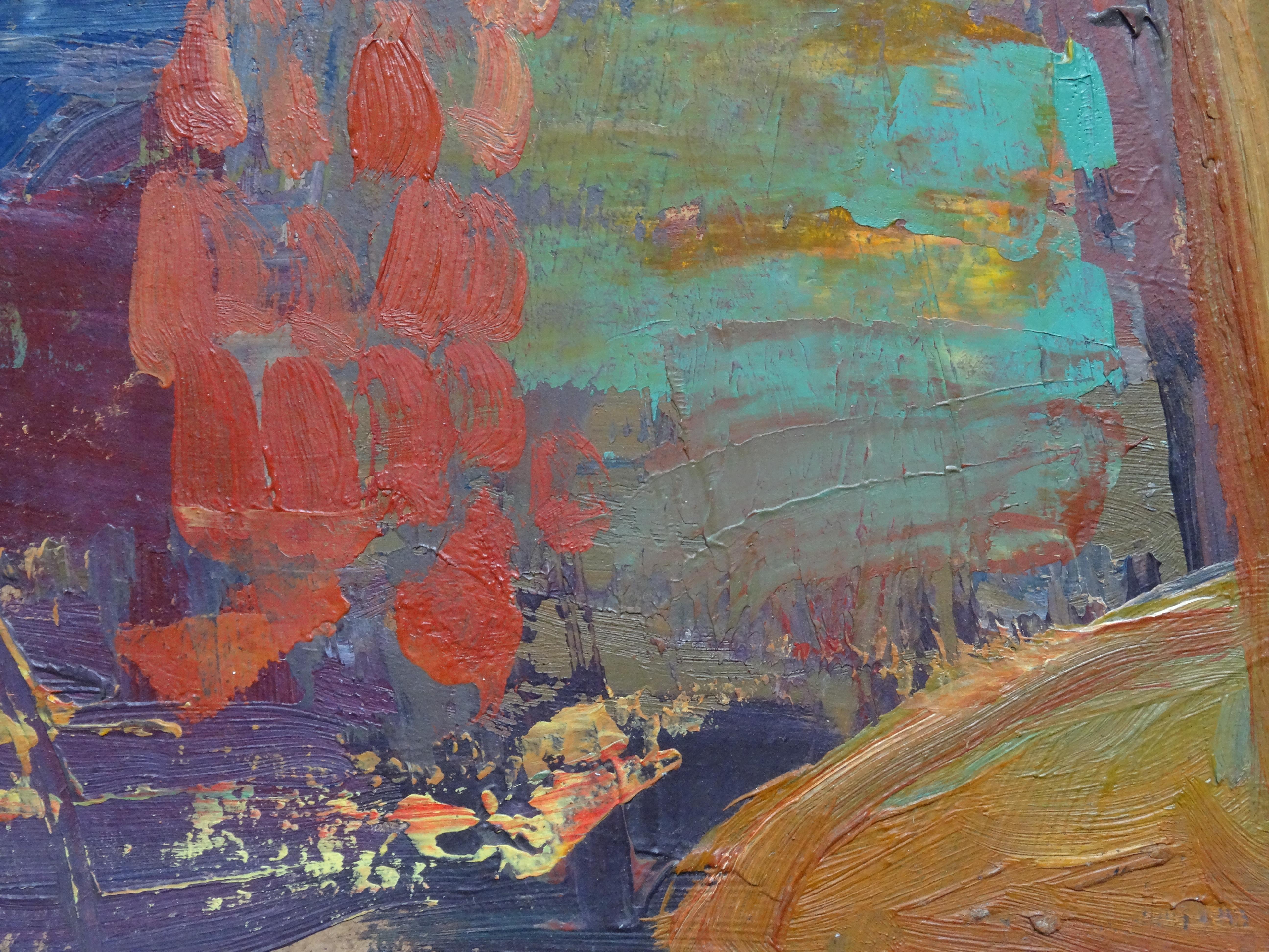 Il sole. Ritratto. 1973. Cartone, olio, 33x46,5 cm - Portrait Painting Marrone di Vladimir Glushenkov 