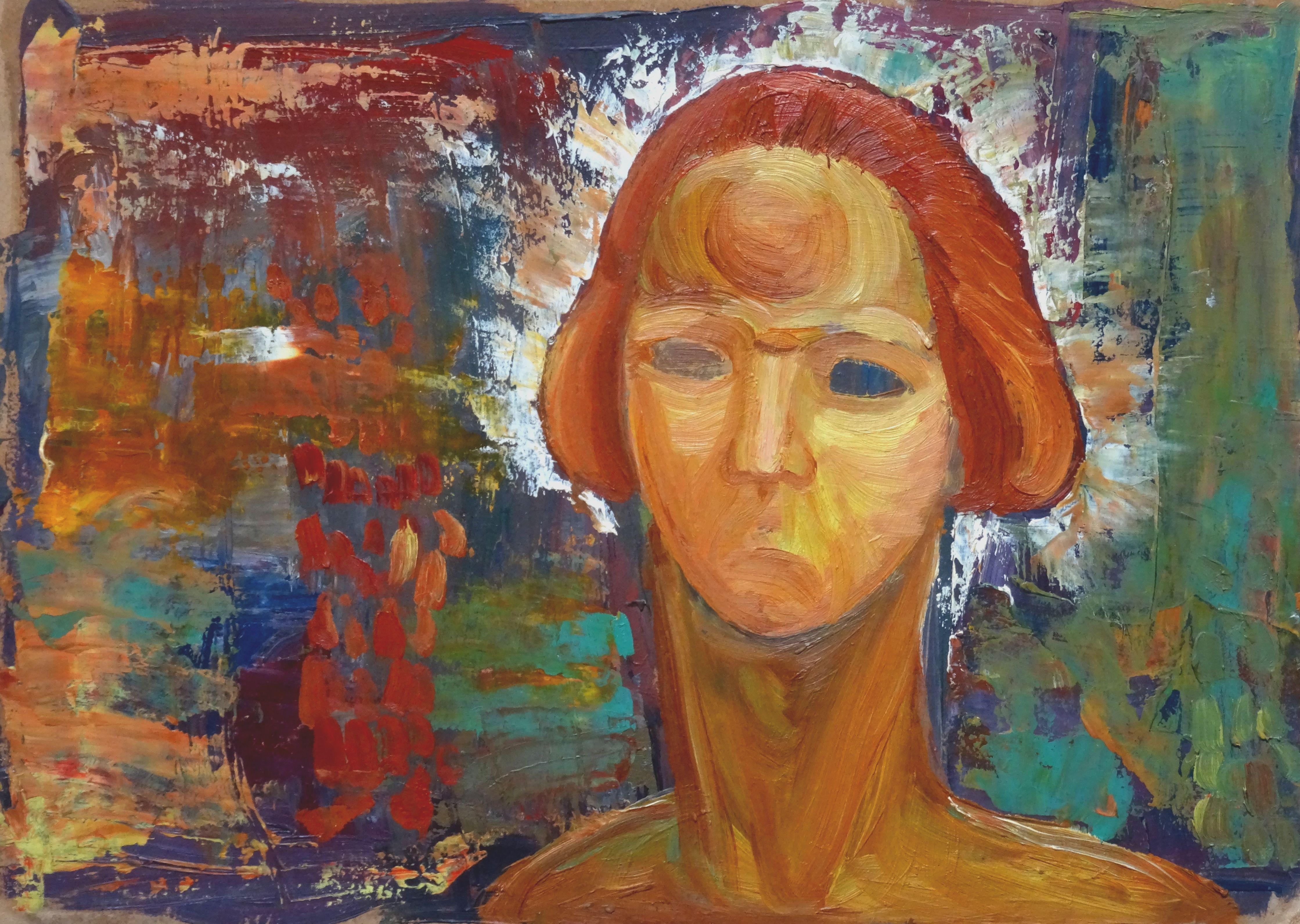 Portrait Painting Vladimir Glushenkov  - Le soleil est en vedette. Portrait. 1973. Cardboard, huile, 83,8 x 46,5 cm