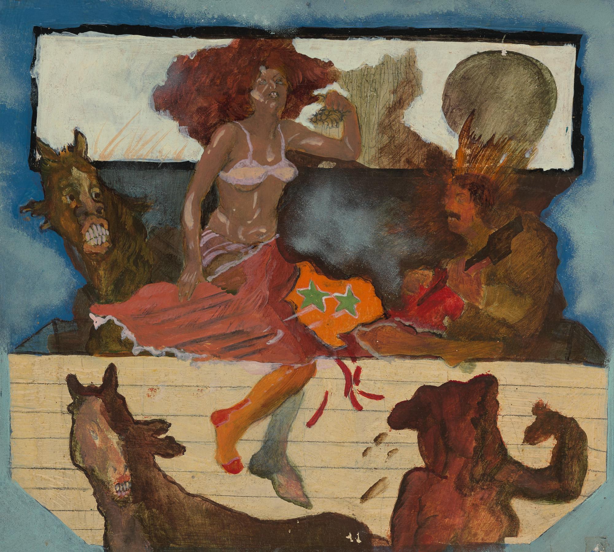 Mujer con caballos. 1974. Cartón, témpera. 37,8x42cm