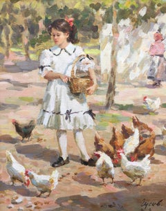 Raising happy chickens, post impressionist oil painting