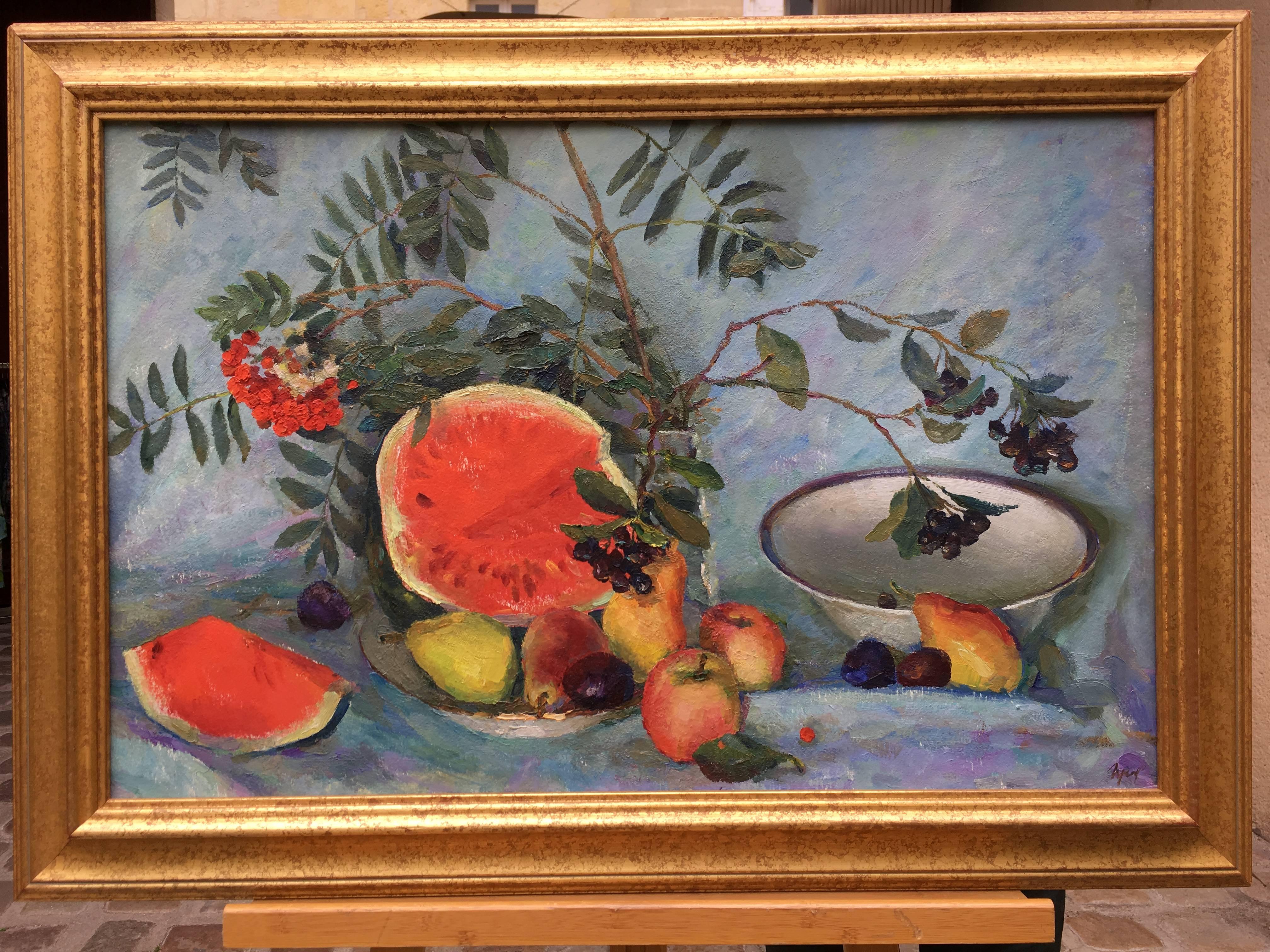 Still life with watermelon, oil on panel, post-impressionist style 1