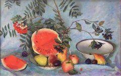 Still life with watermelon, oil on panel, post-impressionist style