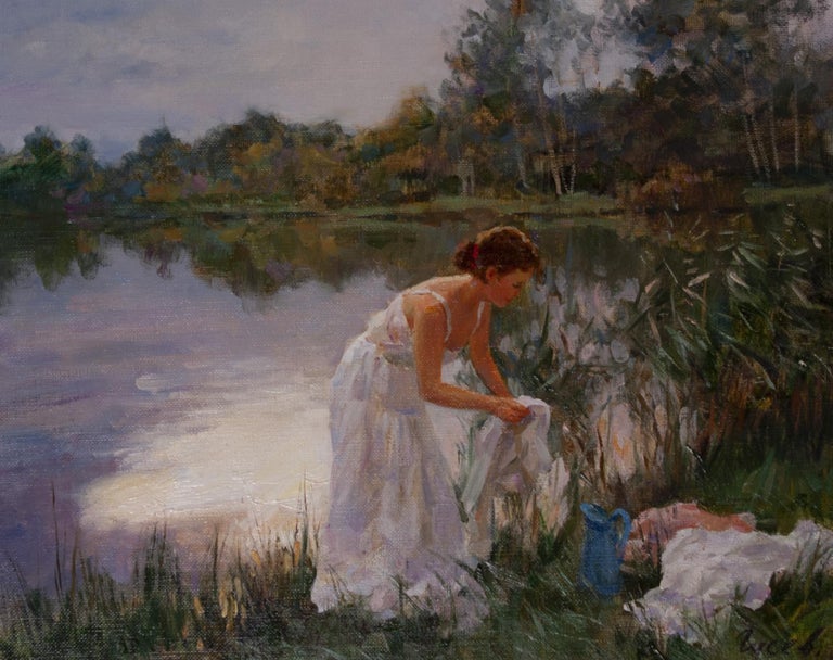 A Young Lady Washing by a River - Impressionist Painting by Vladimir Gusev