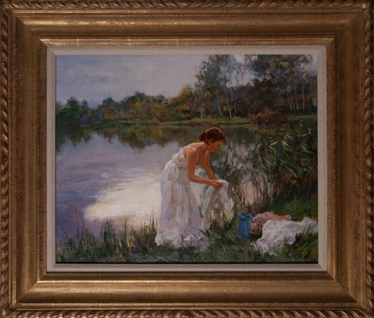 Vladimir Gusev Landscape Painting - A Young Lady Washing by a River