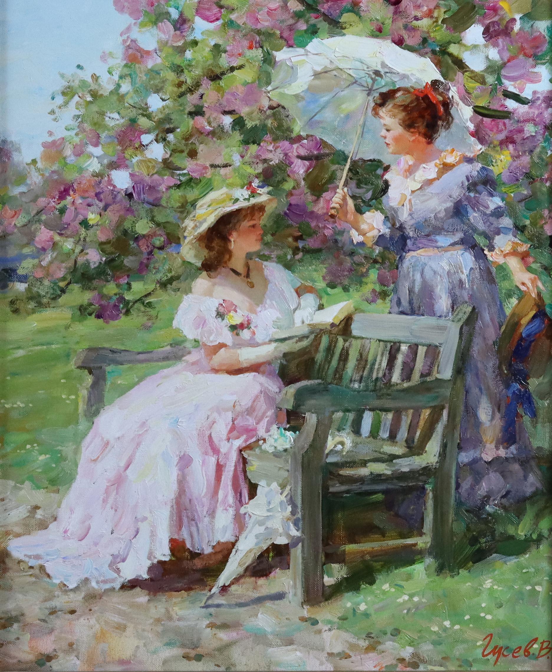 Two Ladies in the Park - Painting by Vladimir Gusev