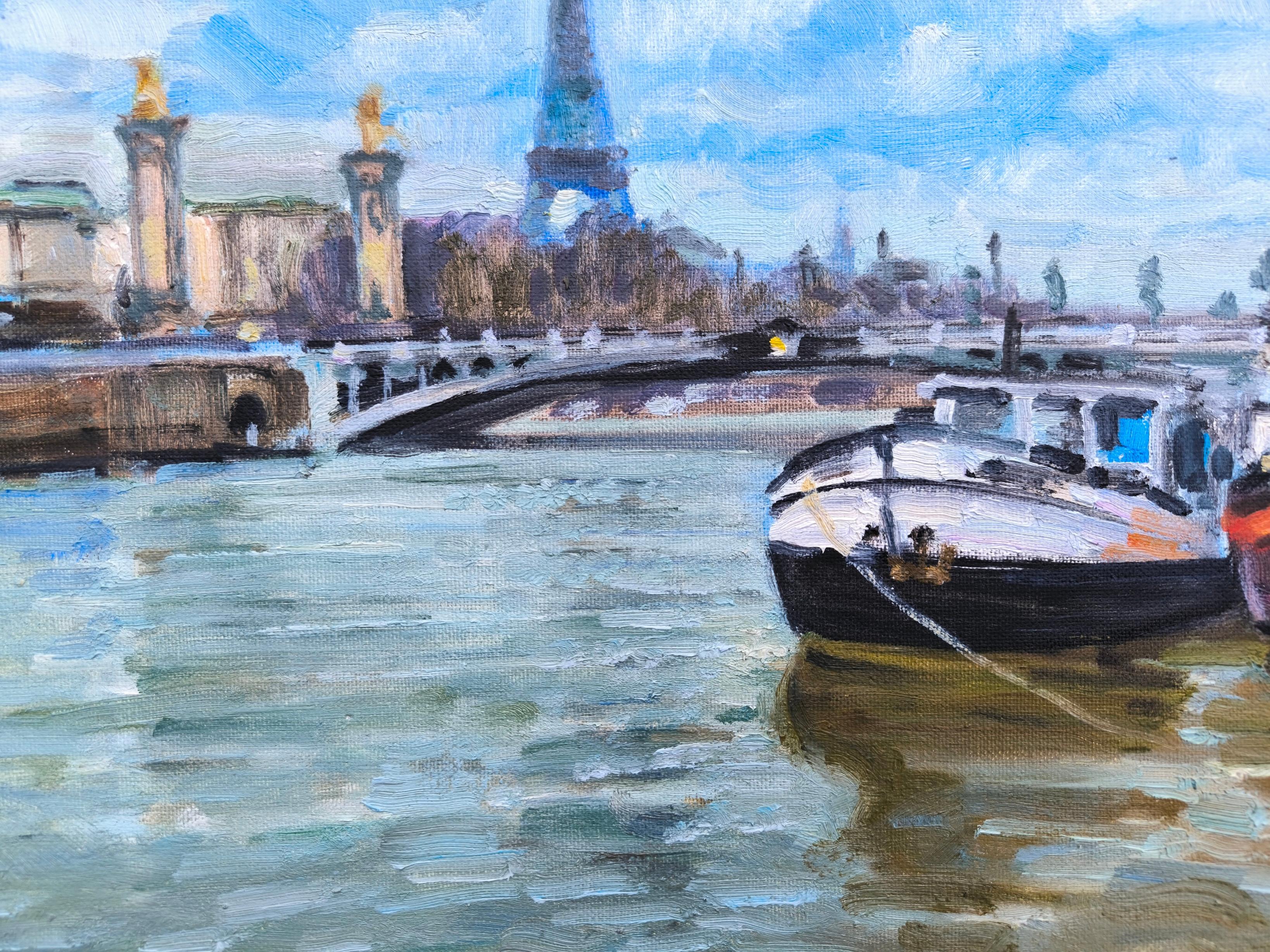 Cerca del Puente Alejandro.  lienzo/cartón/óleo, 50 x 61 cm, 2025 - Landscape Painting Azul de Vladimir Ilibayev 