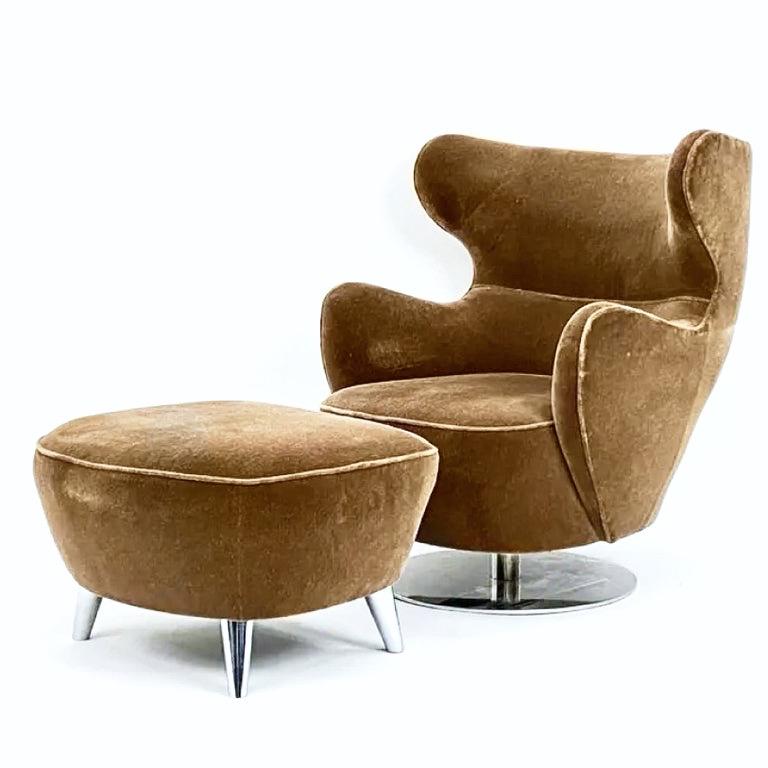 Vladimir Kagan 100C-S Mohair Wing Chairs & 100BF Barrel Ottoman, Polished Nickel, Holly Hunt. Gorgeous Amber Whiskey Mohair Custom piece. Rare metal swivel base version in polished nickel.   This listing is for a set of two chairs and one ottoman. 