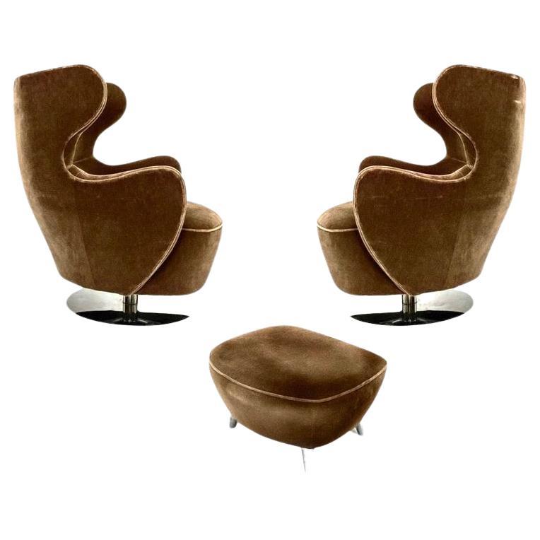 Vladimir Kagan 100C-S Mohair Wing Chairs & 100BF Barrel Ottoman, Polished Nickel For Sale